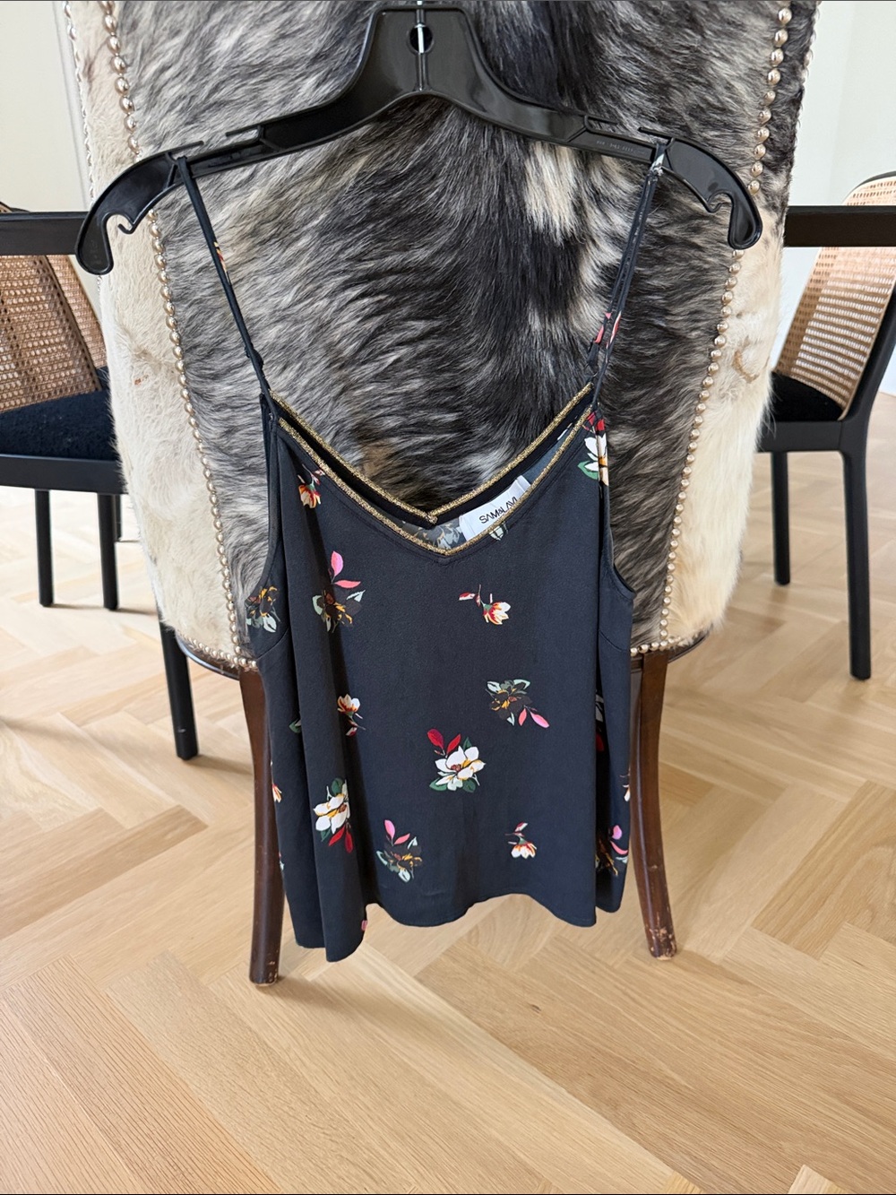 Sam Edelman Black Floral V-Neck Cami with Gold Trim